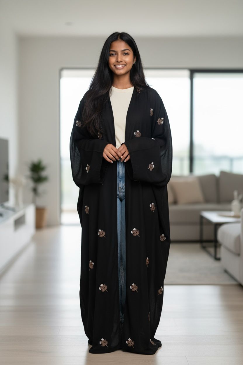 Yasmin Butterfly Open Embroidery Abaya in Textured Nida Fabric