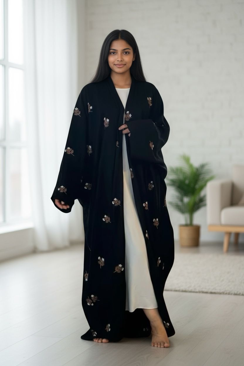 Yasmin Butterfly Open Embroidery Abaya in Textured Nida Fabric