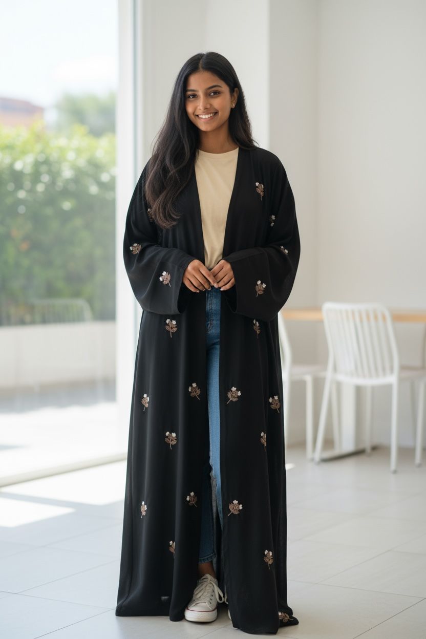 Yasmin Butterfly Open Embroidery Abaya in Textured Nida Fabric