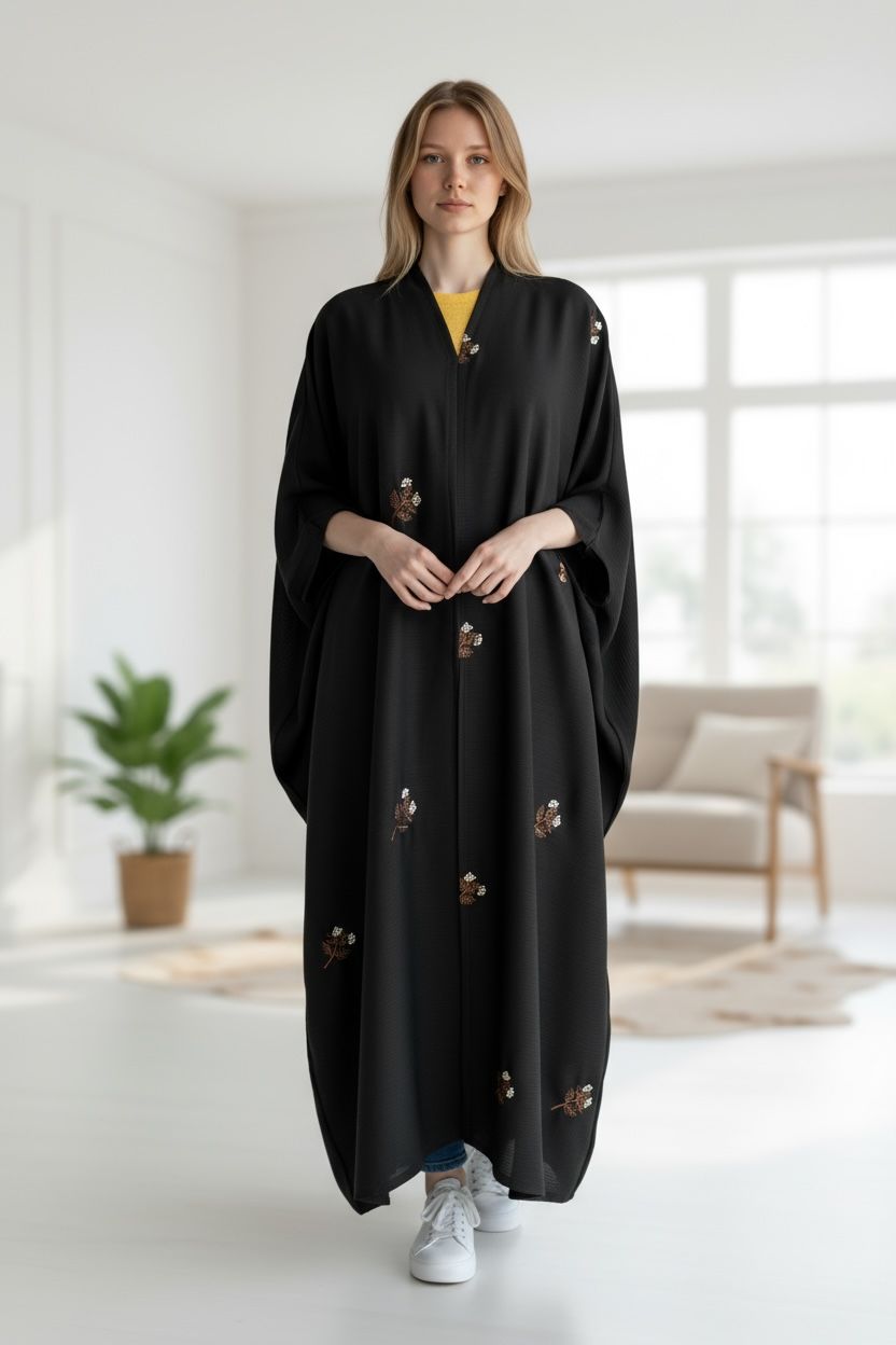 Yasmin Butterfly Open Embroidery Abaya in Textured Nida Fabric